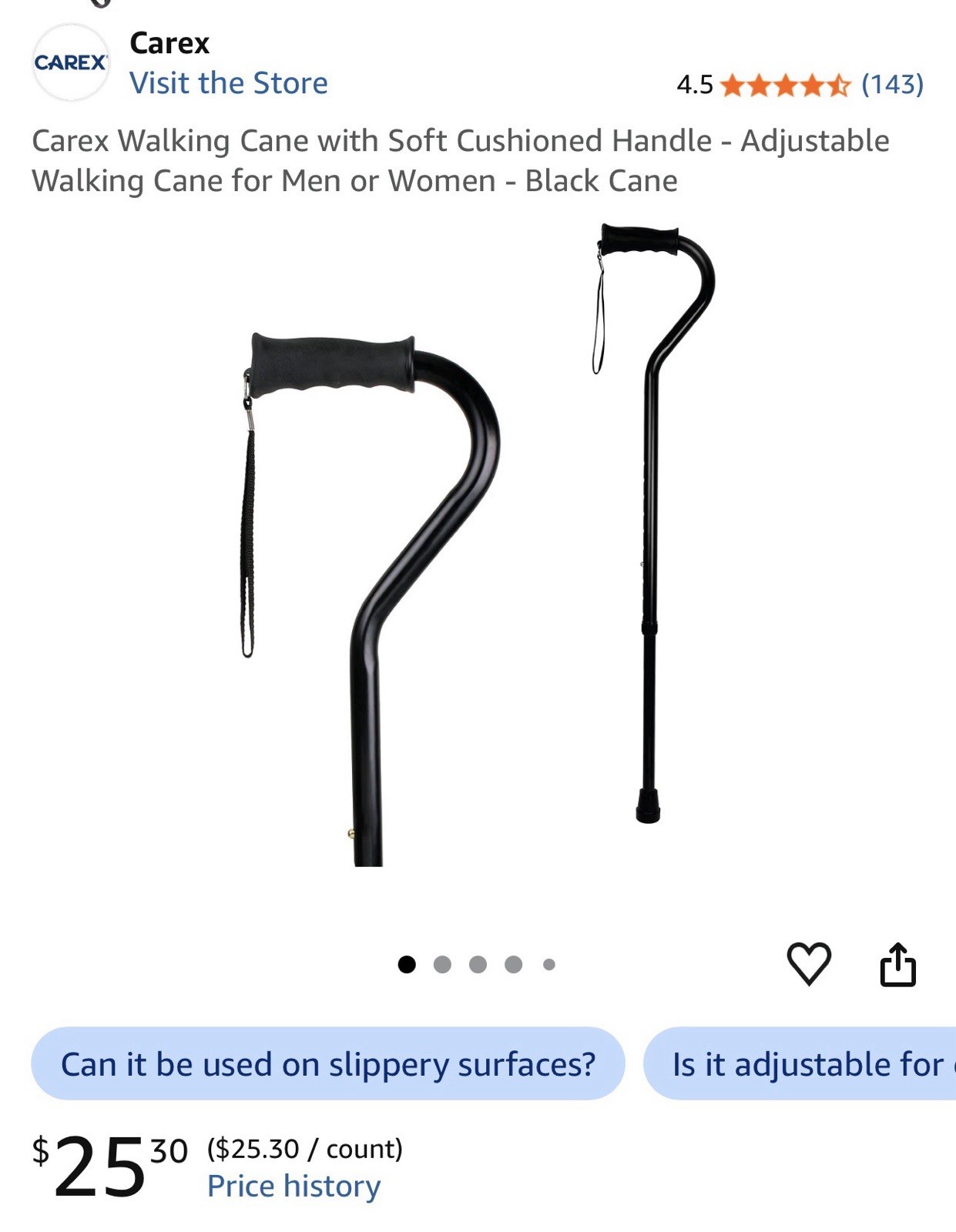 Carex Walking Cane Mobility Aid, Black, 250 lb Maximum Load Capacity