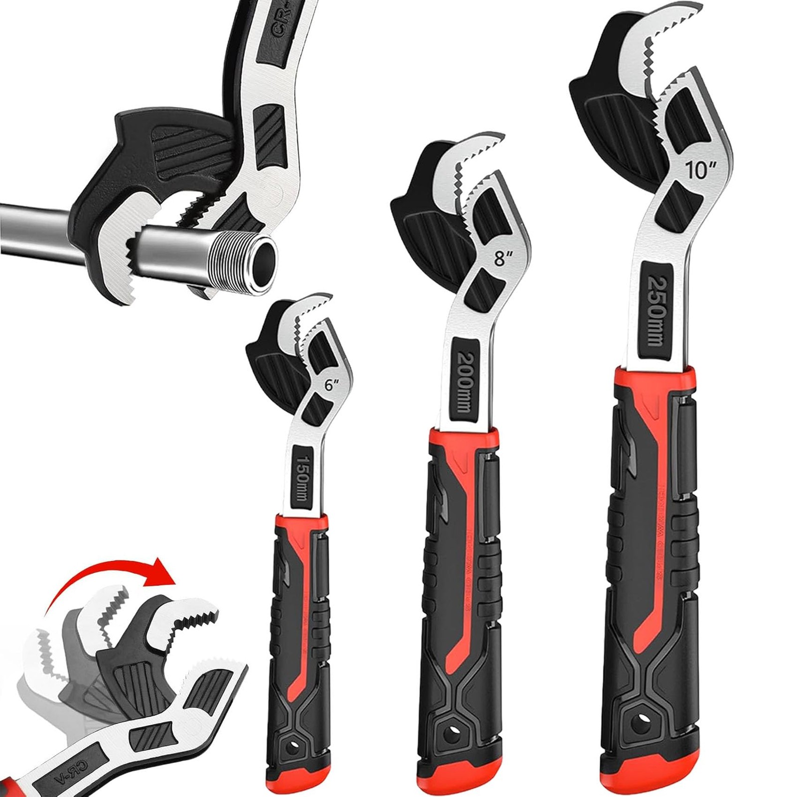 6” 8” 10” Multi-function Self-locking Pipe Wrench Set, Chromium Vanadium Stee...