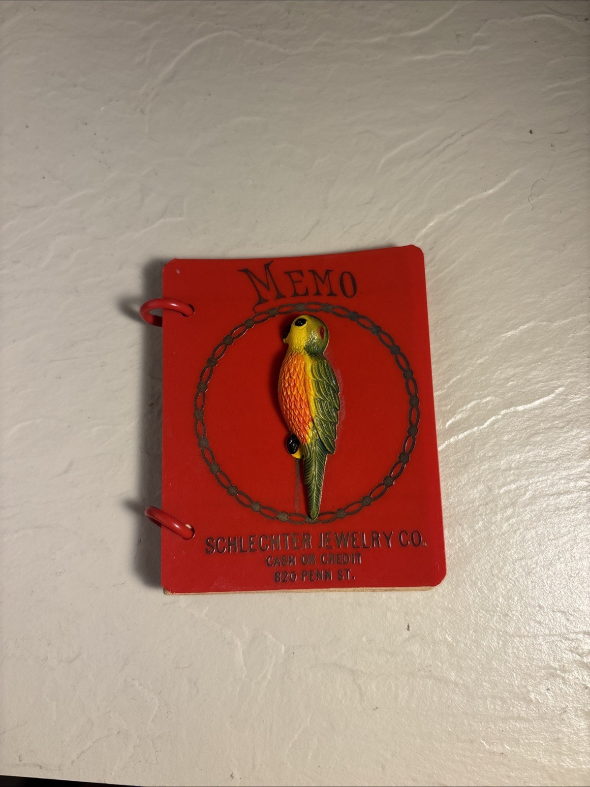 1930s Red Plastic Memo Notepad  2.5x3” Parrot Schlechter Jewelry Souvenir