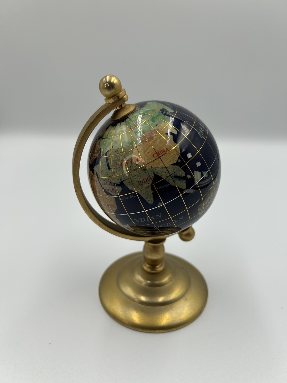 Brass World Globe Inlaid Gemstone Lapis Lazuli 6 Inch Tall