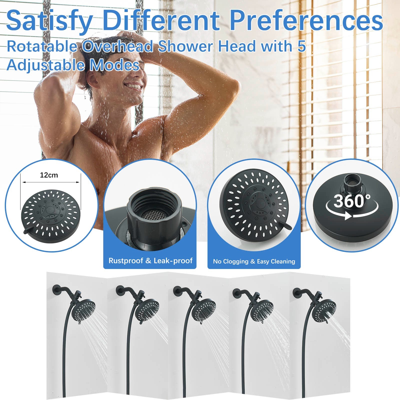 High Pressure Black Adjustable Dual Shower Head with Handheld System for Couples