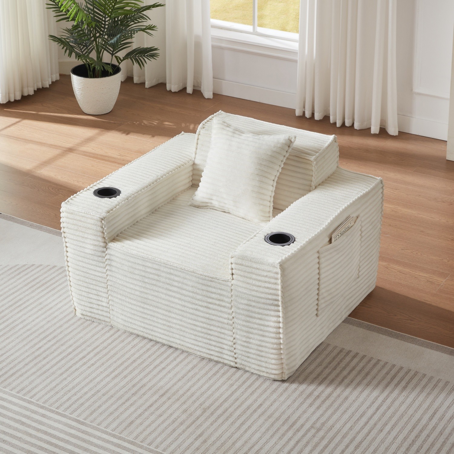 No Assembly Floor Chair 1-Seater Corduroy Chair w/ 2 Cup Holders for Apartments