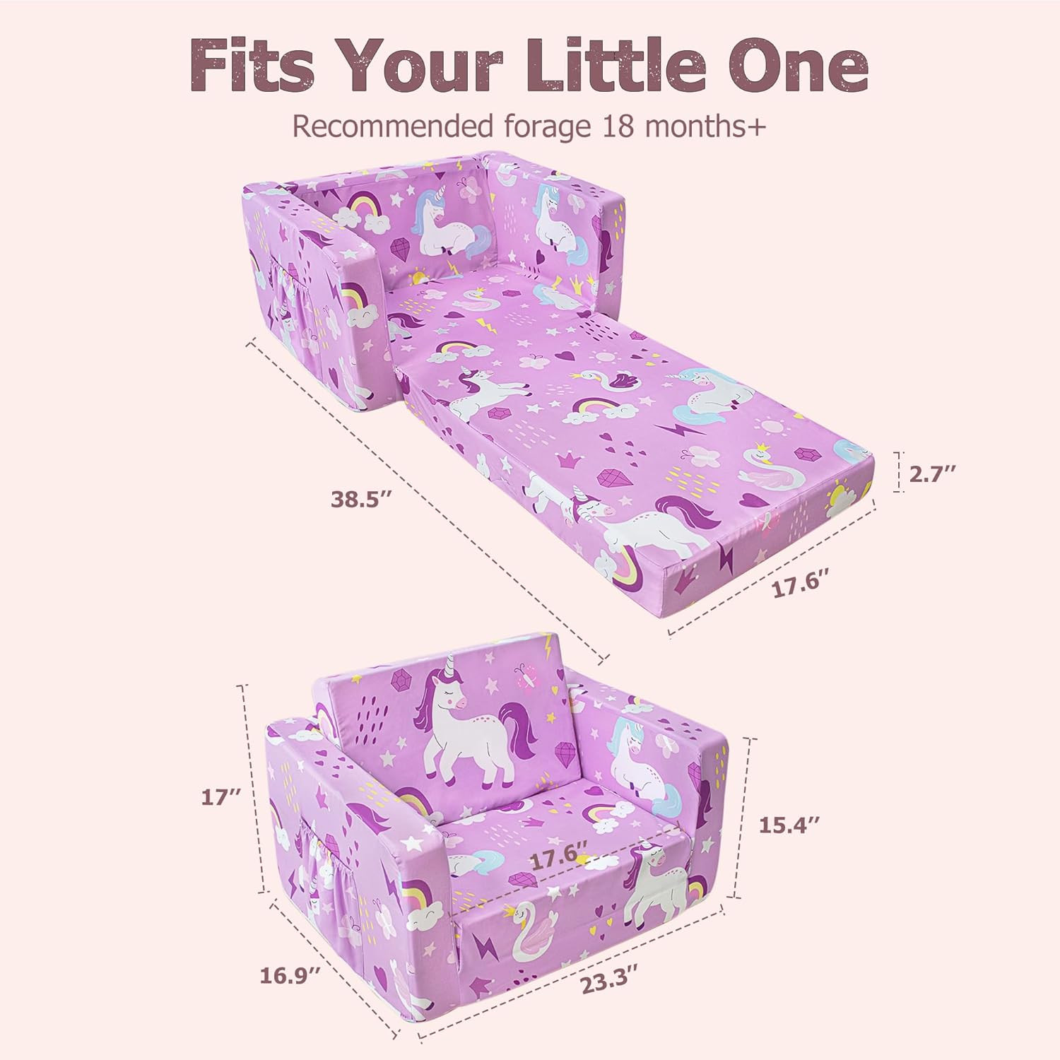 Kids Couch, 2-In-1 Toddler Sofa Fold Out, Soft Toddler Chair for Boys and Girls,