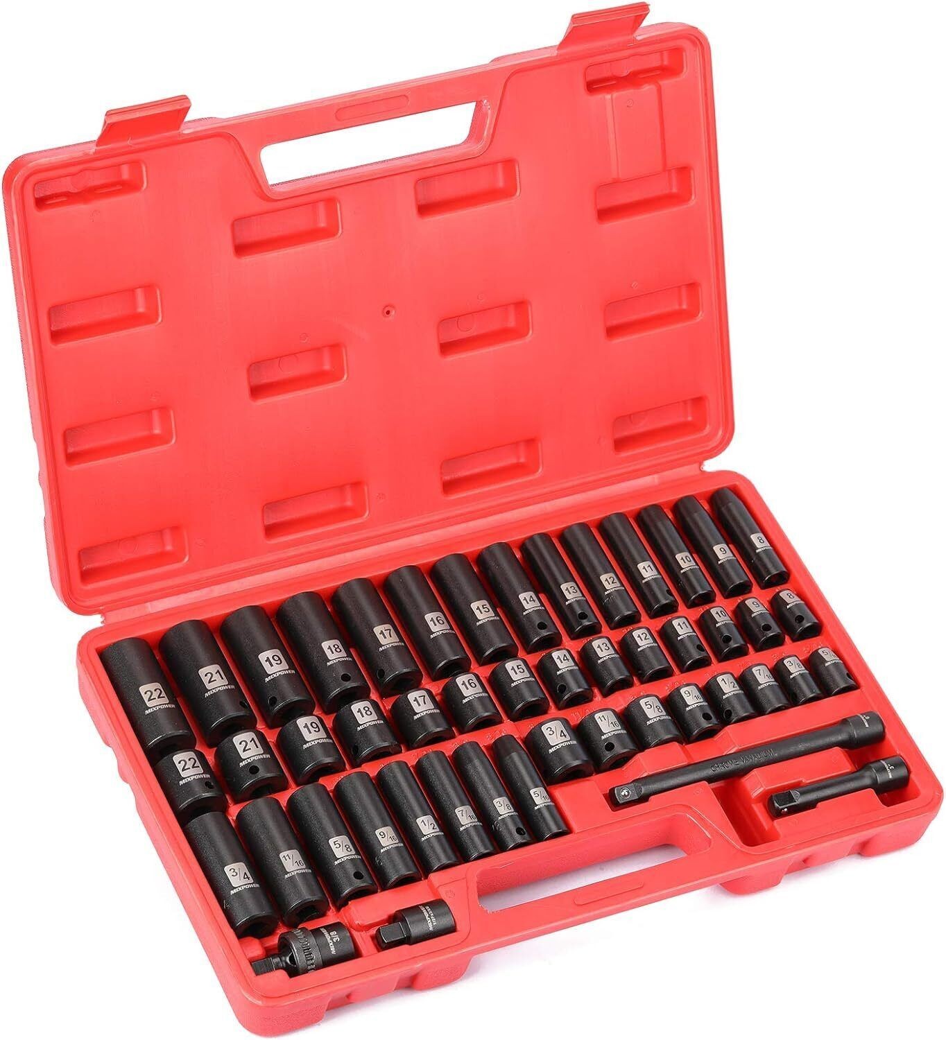 3/8"Drive Deep Impact Socket Set 48 Piece SAE/Metric 6 Point Mechanic Socket Set