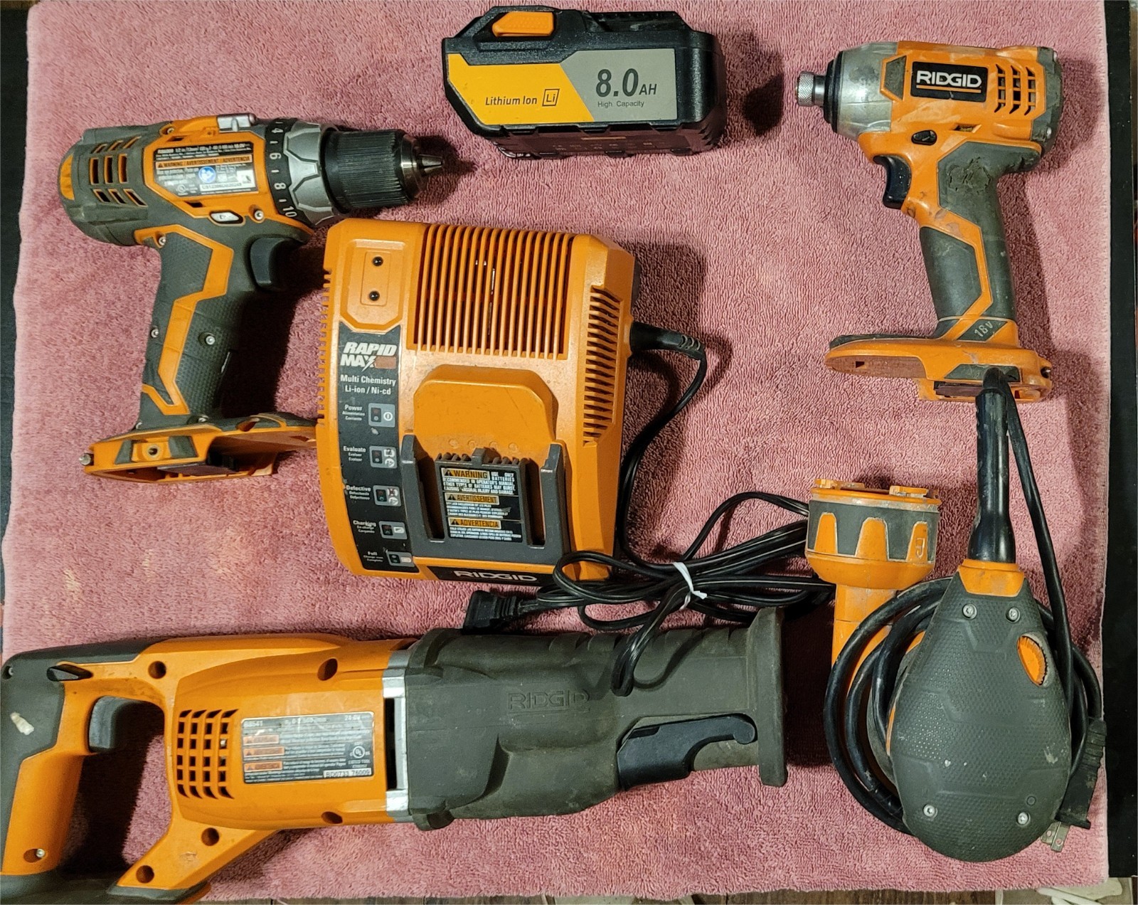 RIDGID 18V Brushless 4-Tool Combo Drill Impact Recip Saw, sander