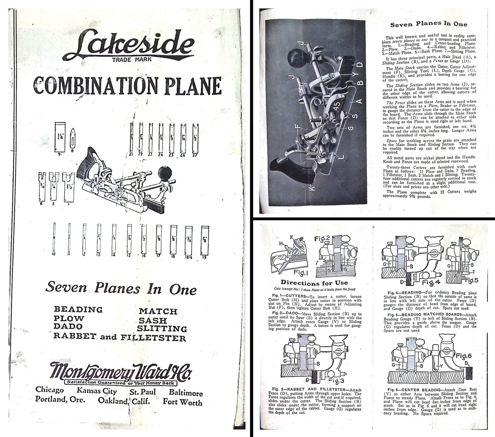Orig. Part List/Instructions for Lakeside Brand Combination Plane - mjdtoolparts