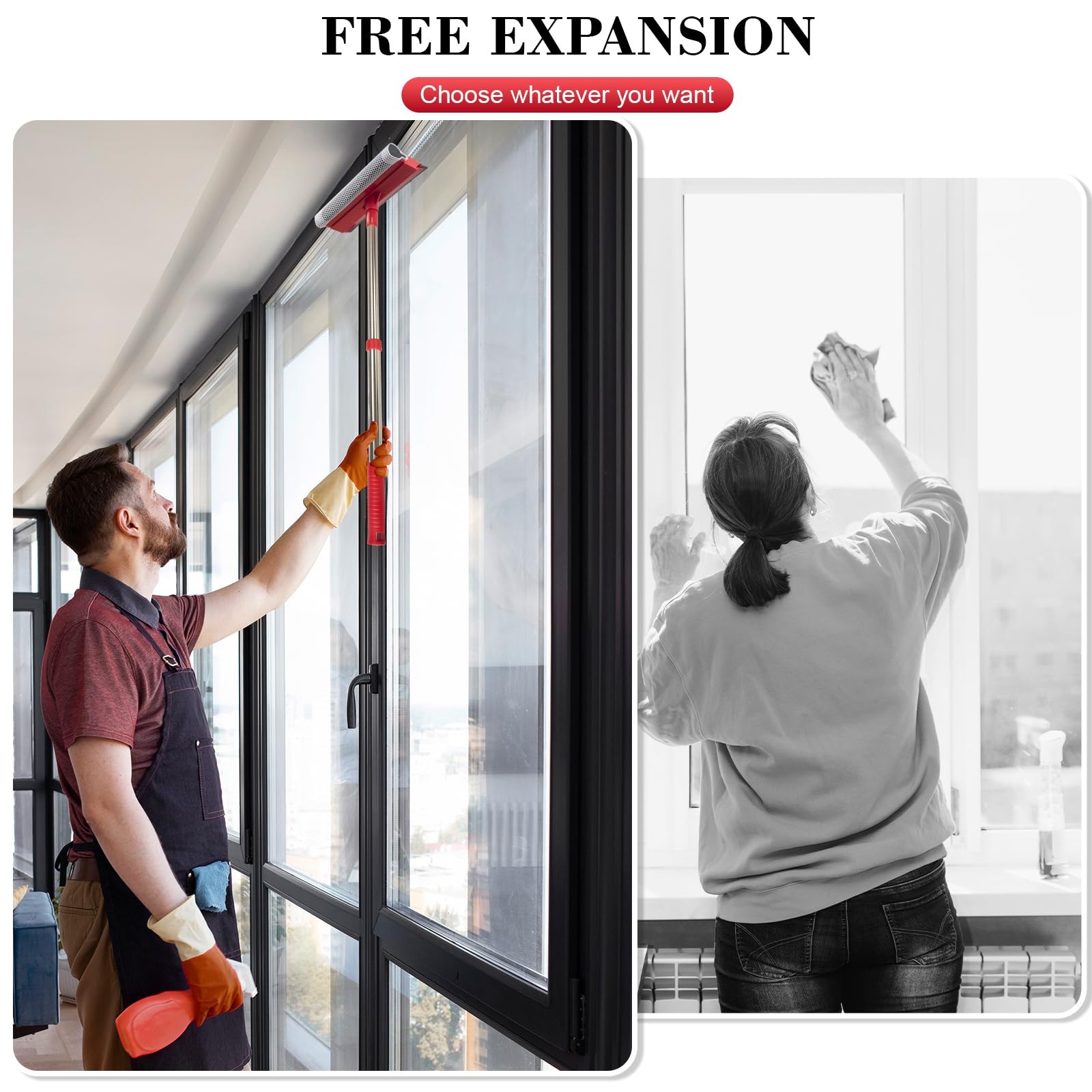 Professional Standard Window Squeegee,2-in-1 Cleaner 55 inches, Red