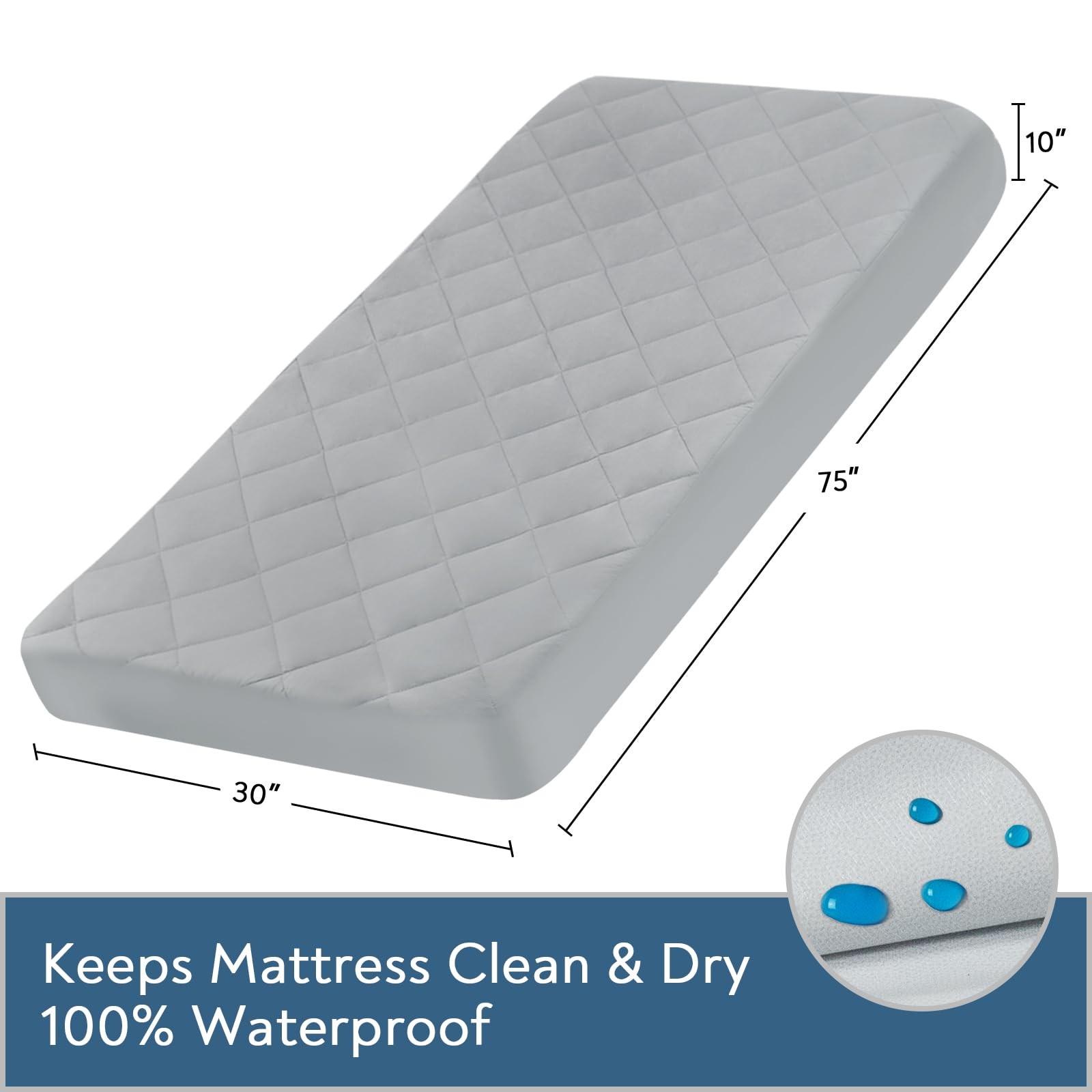 Cot Mattress Pad Waterproof Quilted, Fitted Size Small Single, Gray