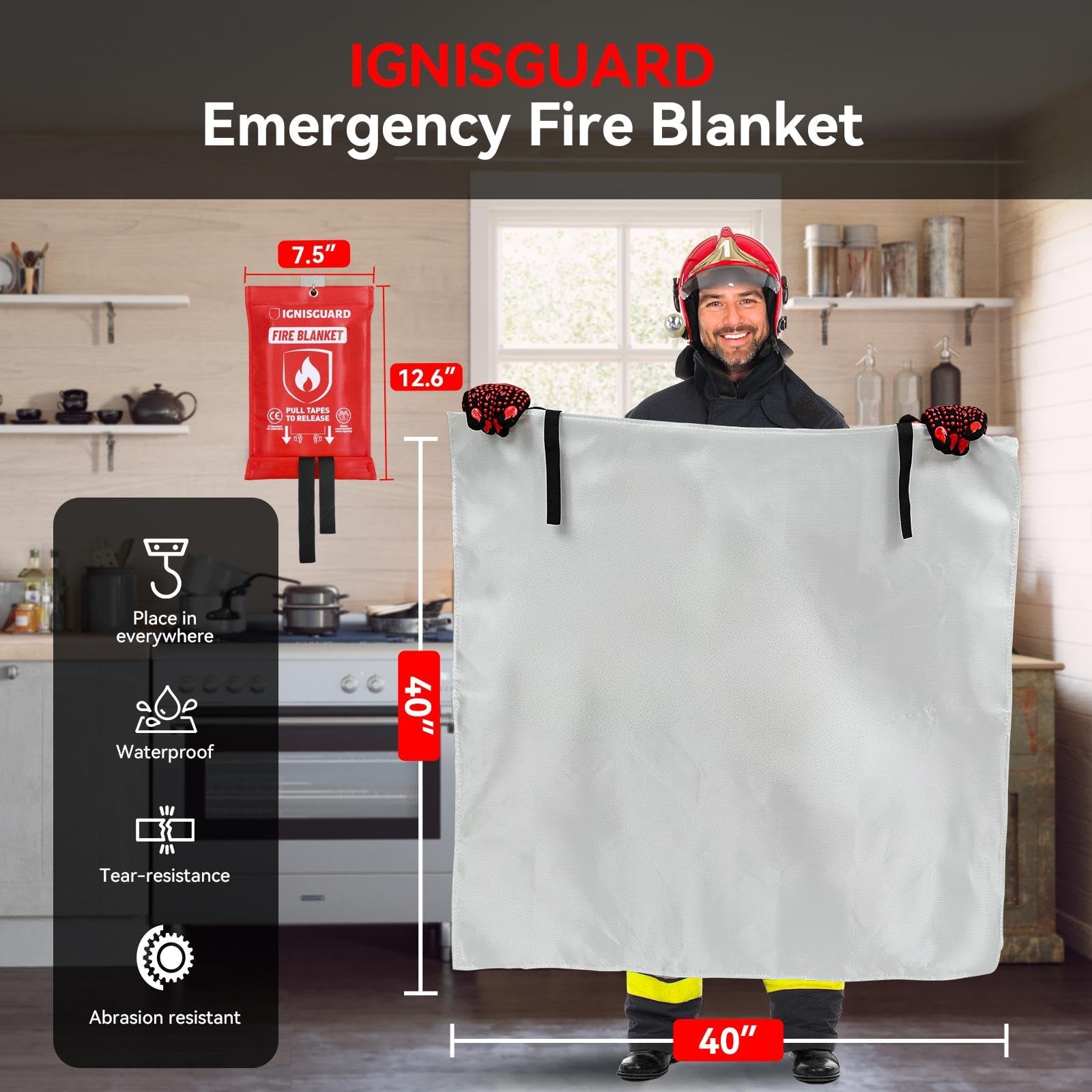 Fire Blankets 4 Pack, 40x40in with 1 Pair Fire Resistant Gloves & 4 Hooks, Fi...