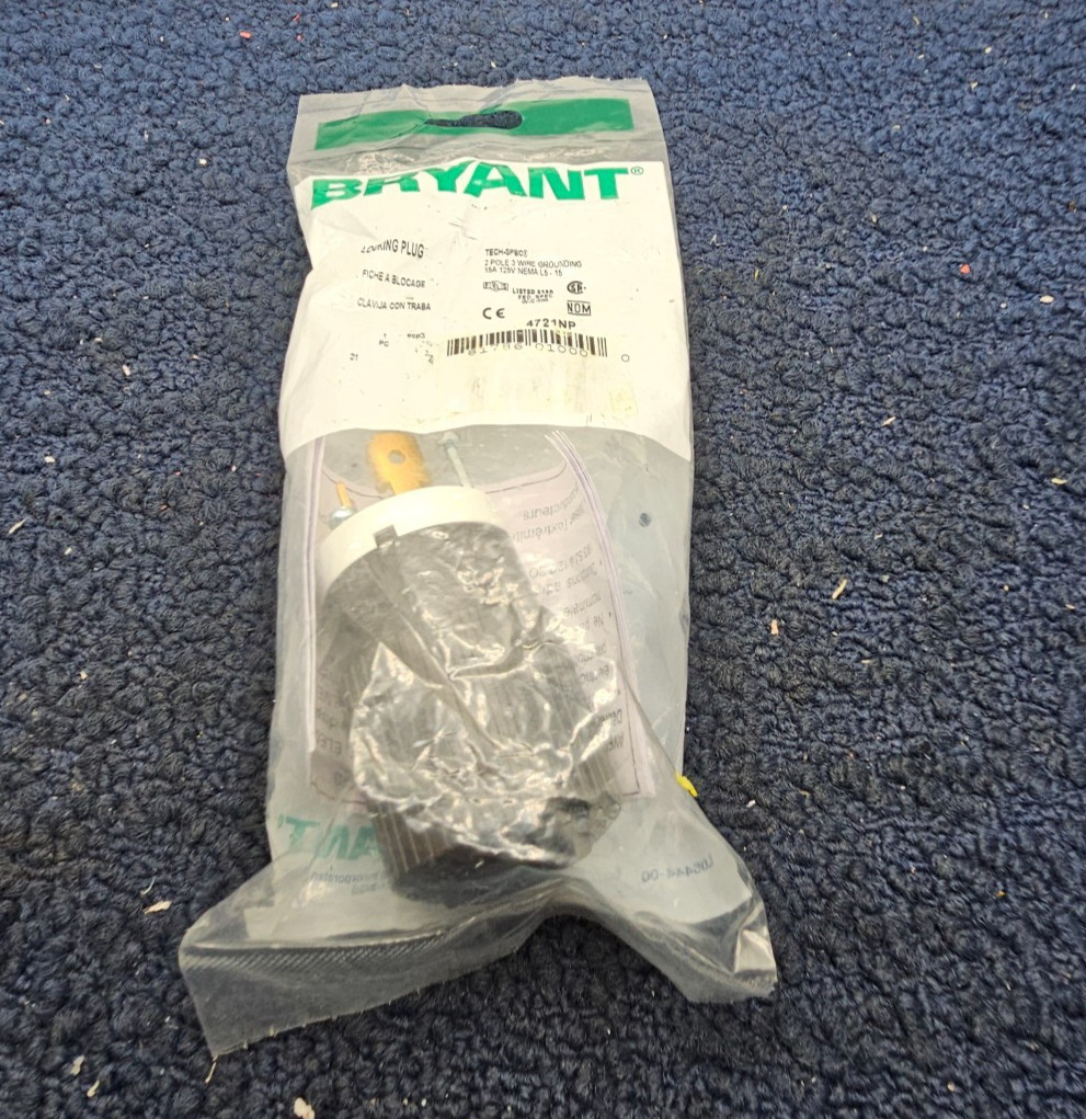 Bryant 4721NP Tech-Spec 2-Pole 3-Wire Grounding Locking Plug 15A 125V