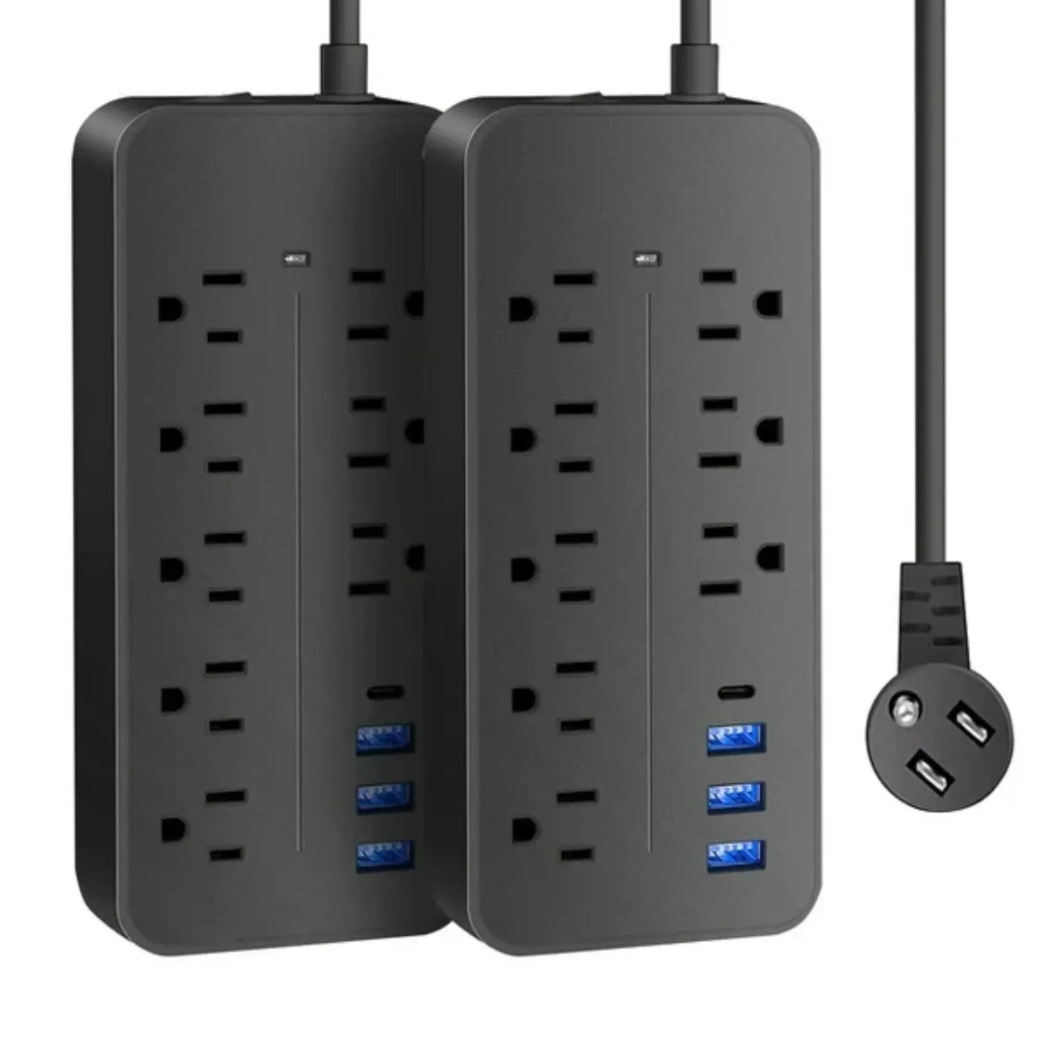 Black 2-Pack 12-in-1 Surge Protector Power Strip w/ USB-C, 8 Outlets