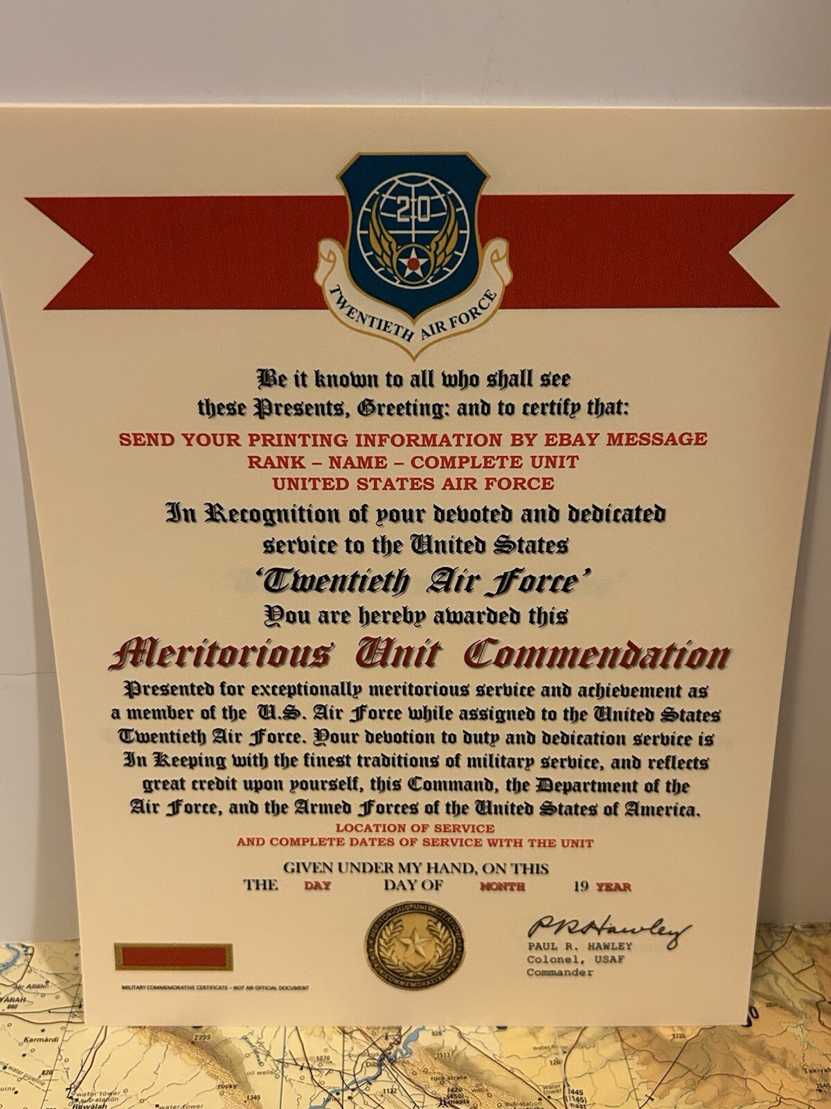 U.S. AIR FORCE / 20TH AIR FORCE - MERITORIOUS UNIT COMMENDATION CERTIFICATE