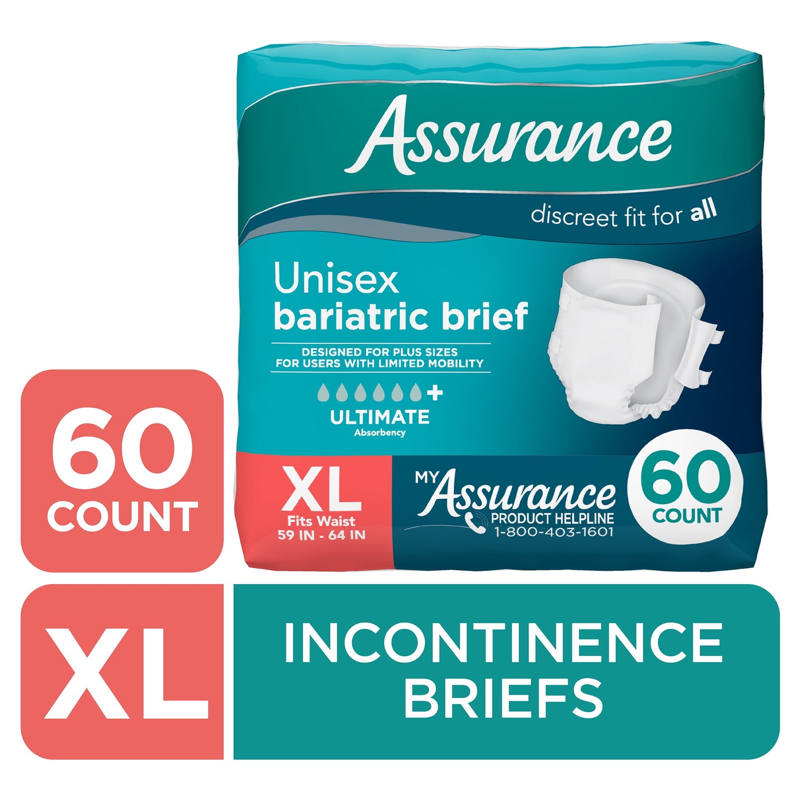 Assurance Unisex Incontinence Briefs with Tabs, Maximum Absorbency, XL(60 Count)