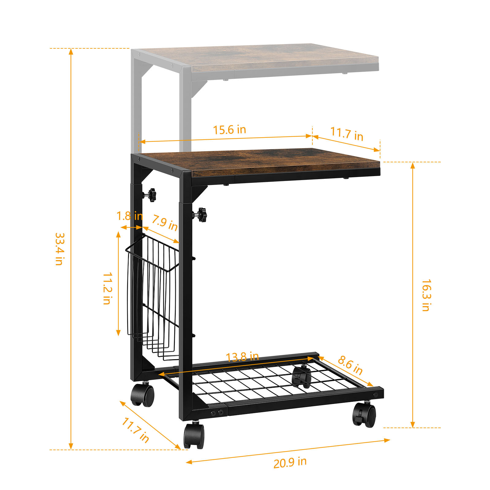 C Shaped Side Table Height Adjustable Sofa End Table Laptop Table Wheels Bedroom