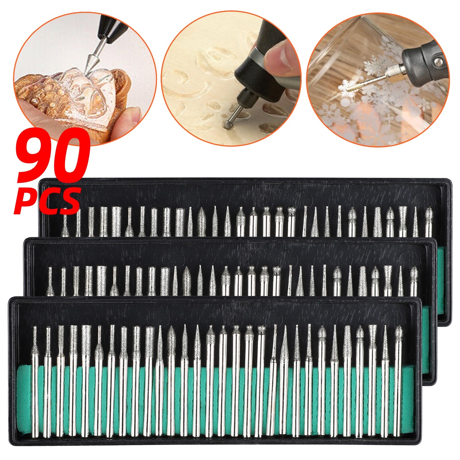 90Pcs 1/8" Diamond Burr Bits Drill Set Rotary Multi Tool Accessories For Dremel