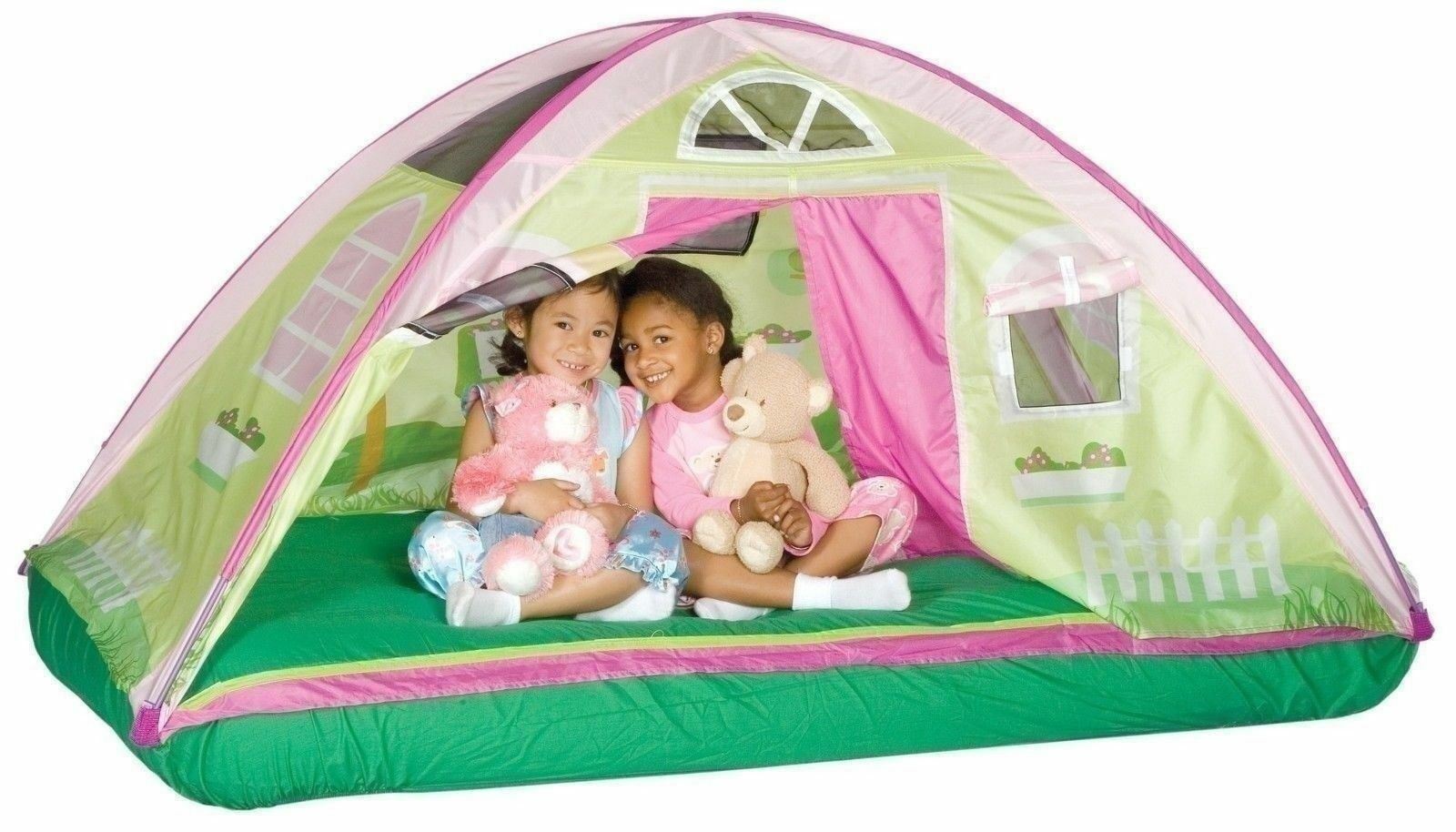 Girls Bed Tent Twin Green Pink Cottage Dream House Canopy Play Area Windows Dome