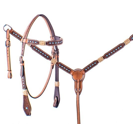 Rawhide Braided with Turquoise Studs Headstall & Breast Collar & Reins NEW