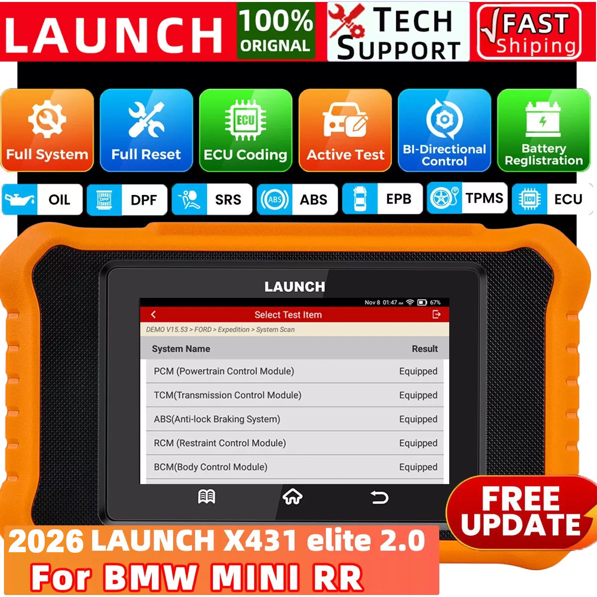 LAUNCH Creader Elite 2.0 for BMW / Mini OBD2 Scanner Key Active Test Programming