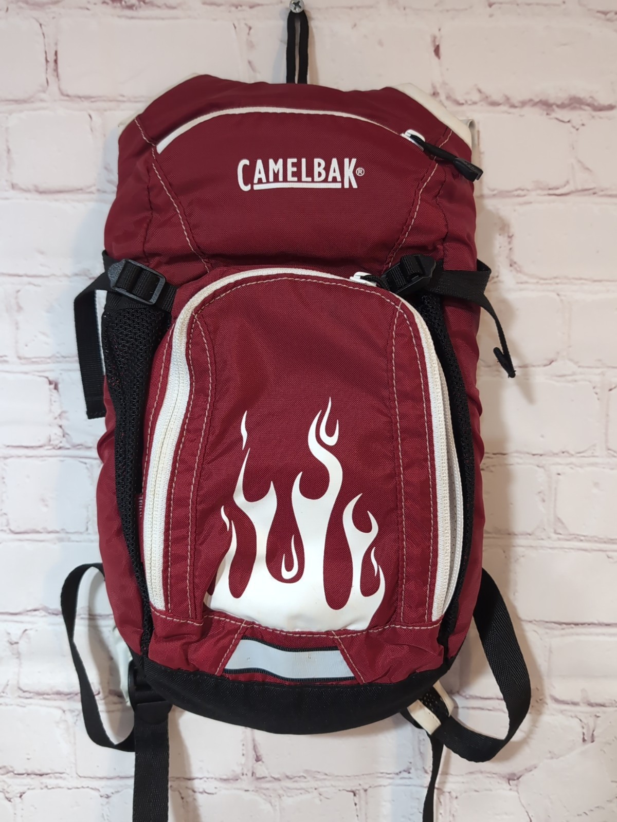 Camelback Mini Mule Hydration Backpack Red White Flames Hiking NO BLADDER
