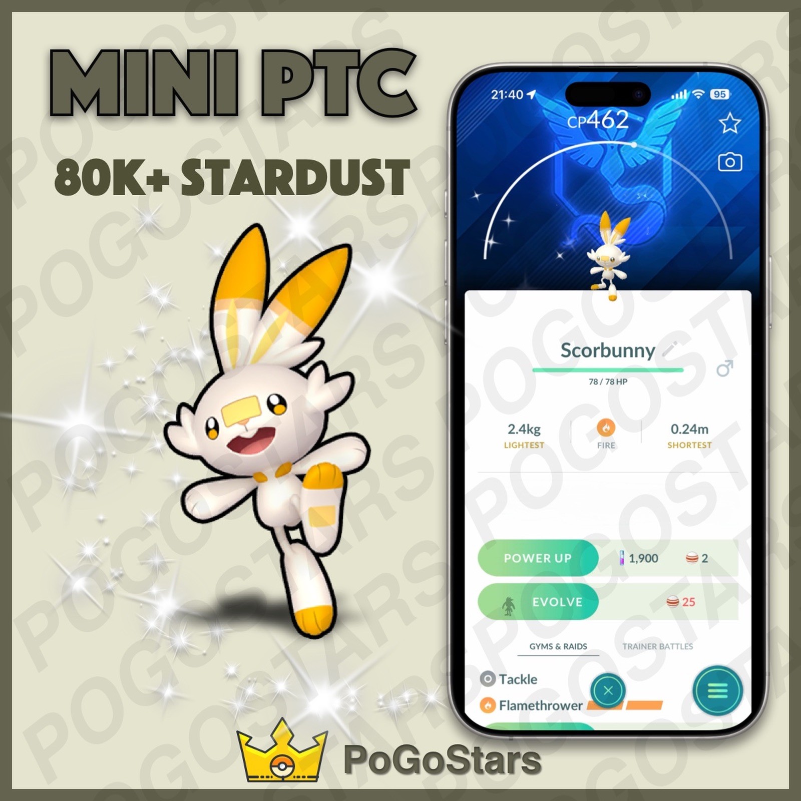 Pokémon PTC Go - Shiny Scorbunny - Team Mystic✨Special Background✨
