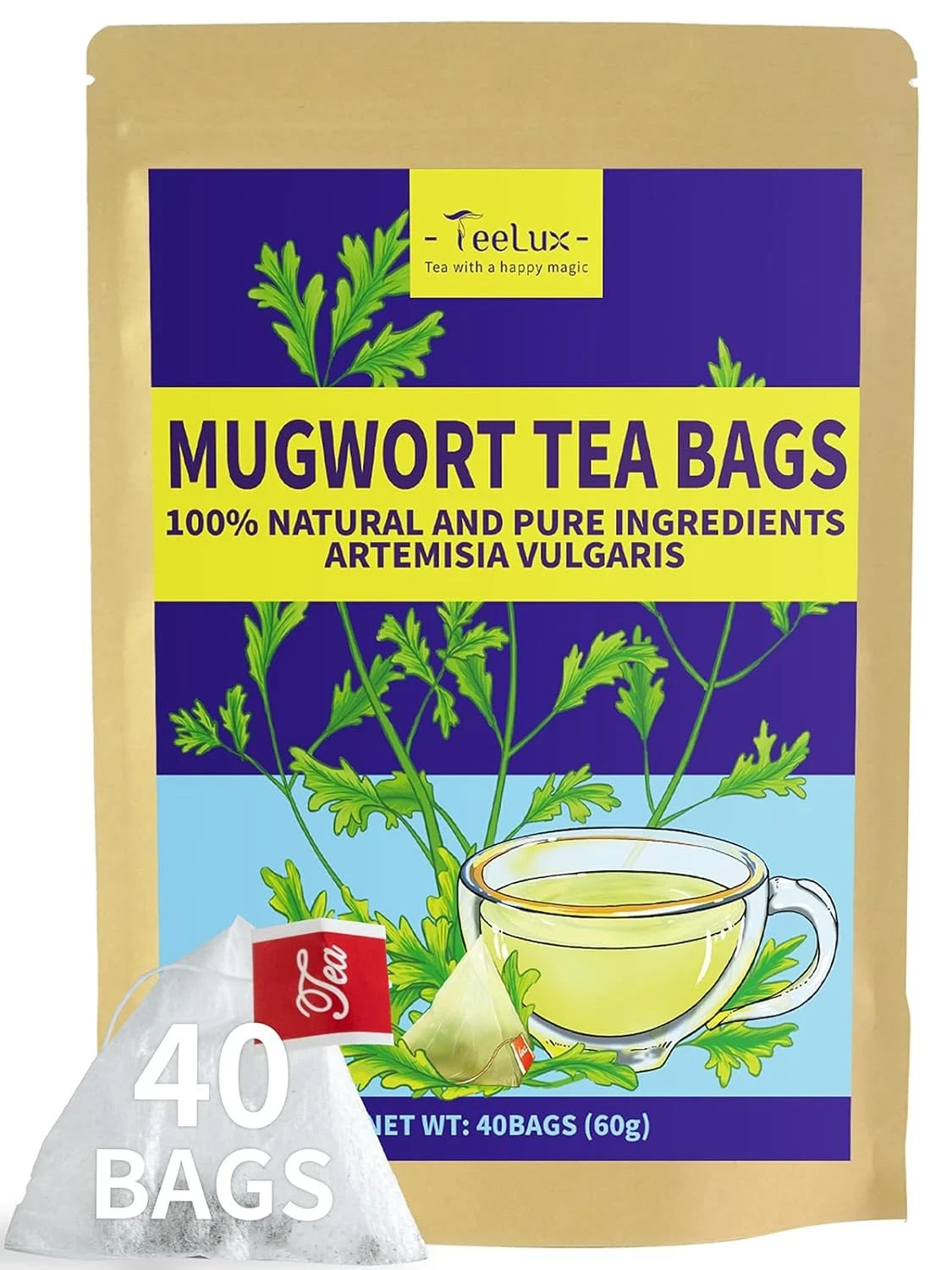 Mugwort Tea Bags - Natural Dried Mugwort Herb Tea, Caffeine Free, 40 Tea Bags