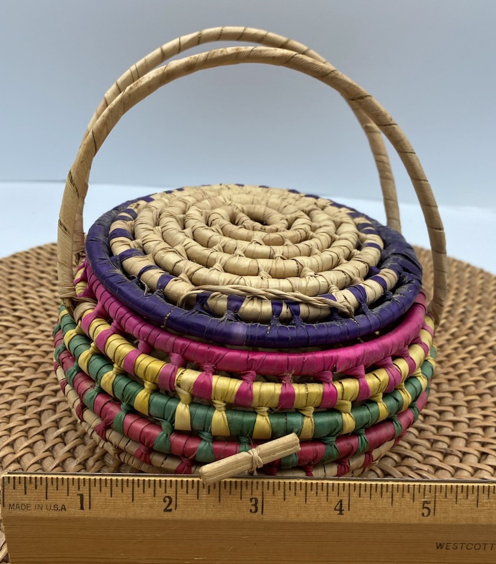Hand Made Round Lidded Basket With Handles Locking Multi Color