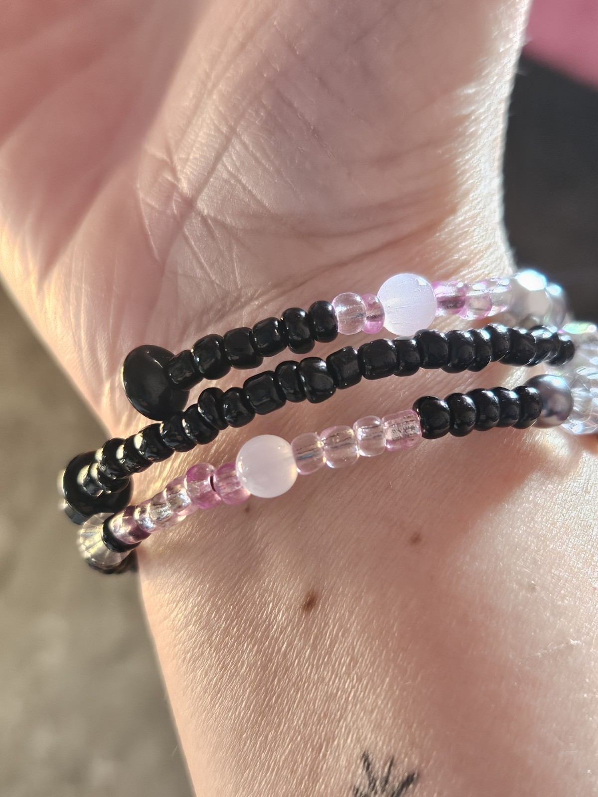 Beaded Coiled Black Pink Grey Bracelet