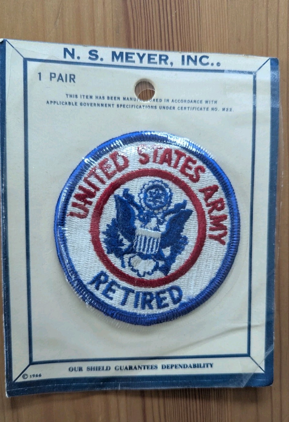 One New 1966 Insignia Patch United States Army Retired N. S. Meyer Co. On Card