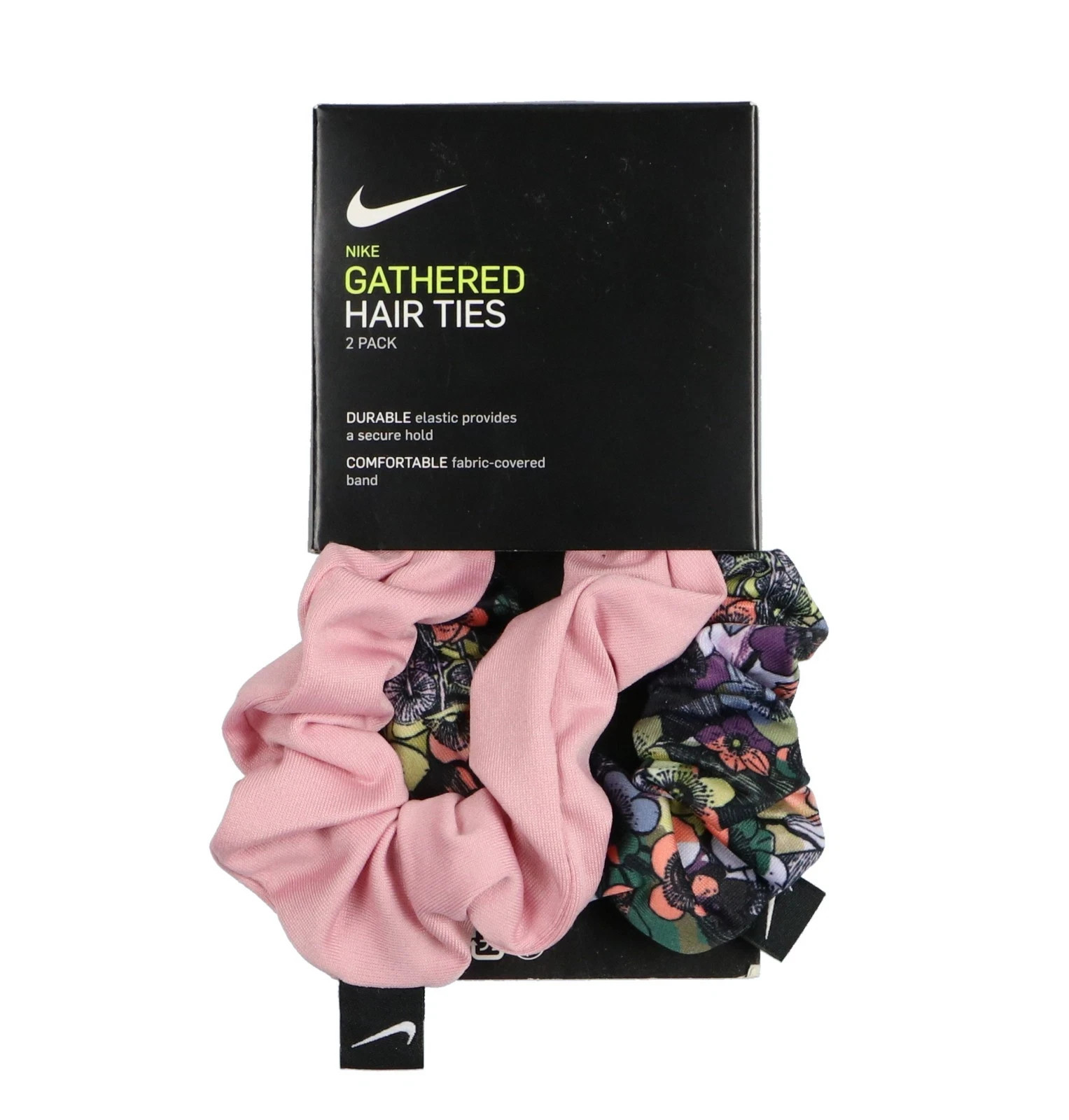 Nike Women's Gathered 2-Pack Hair Ties Pink Floral Yoga Running Scrunchie New