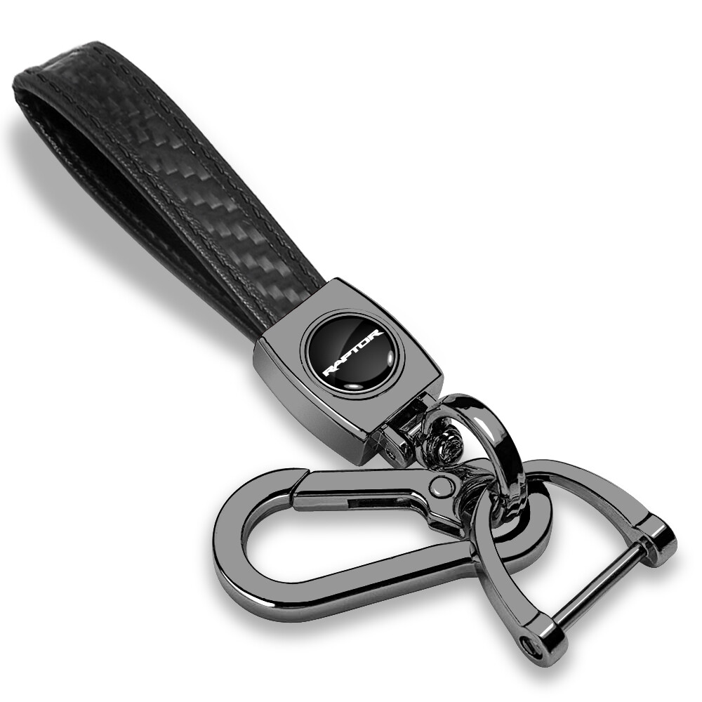 Ford F-150 Raptor in Black on Carbon Fiber Strap Dark Gunmetal Hook Key Chain
