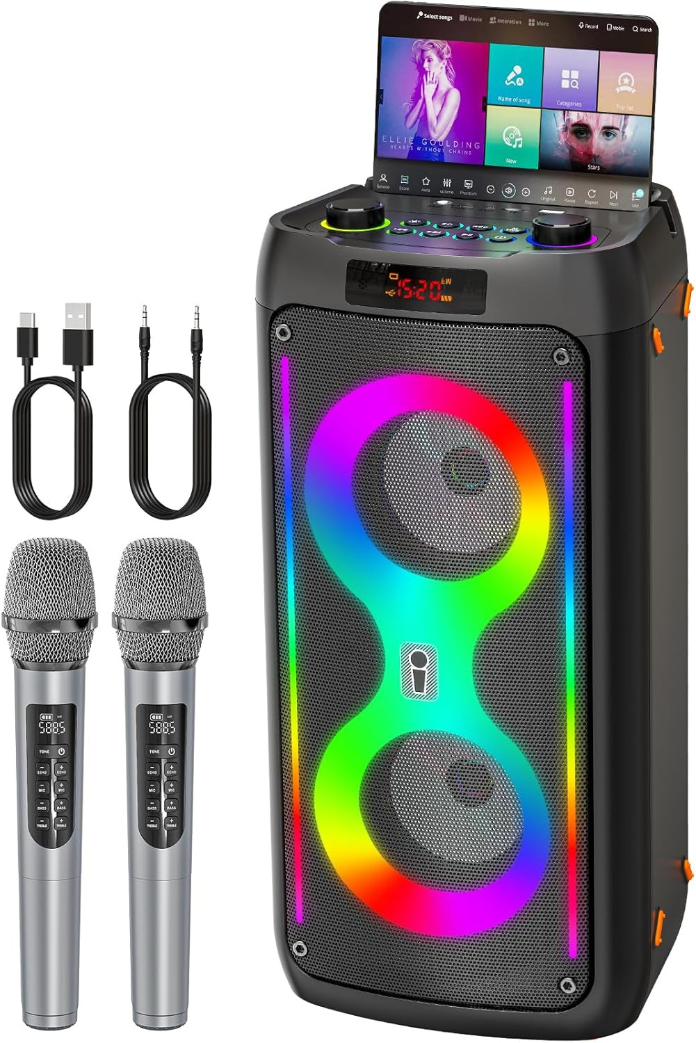 Karaoke Machine, Portable Outdoor Speaker with 2 Wireless Microphones, PA System