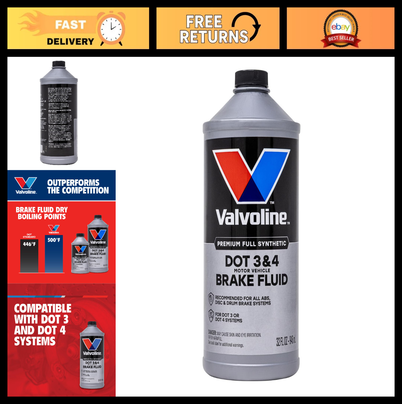 Synthetic Brake Fluid DOT 3 & 4, High Boiling Point, Corrosion Protection, 32oz