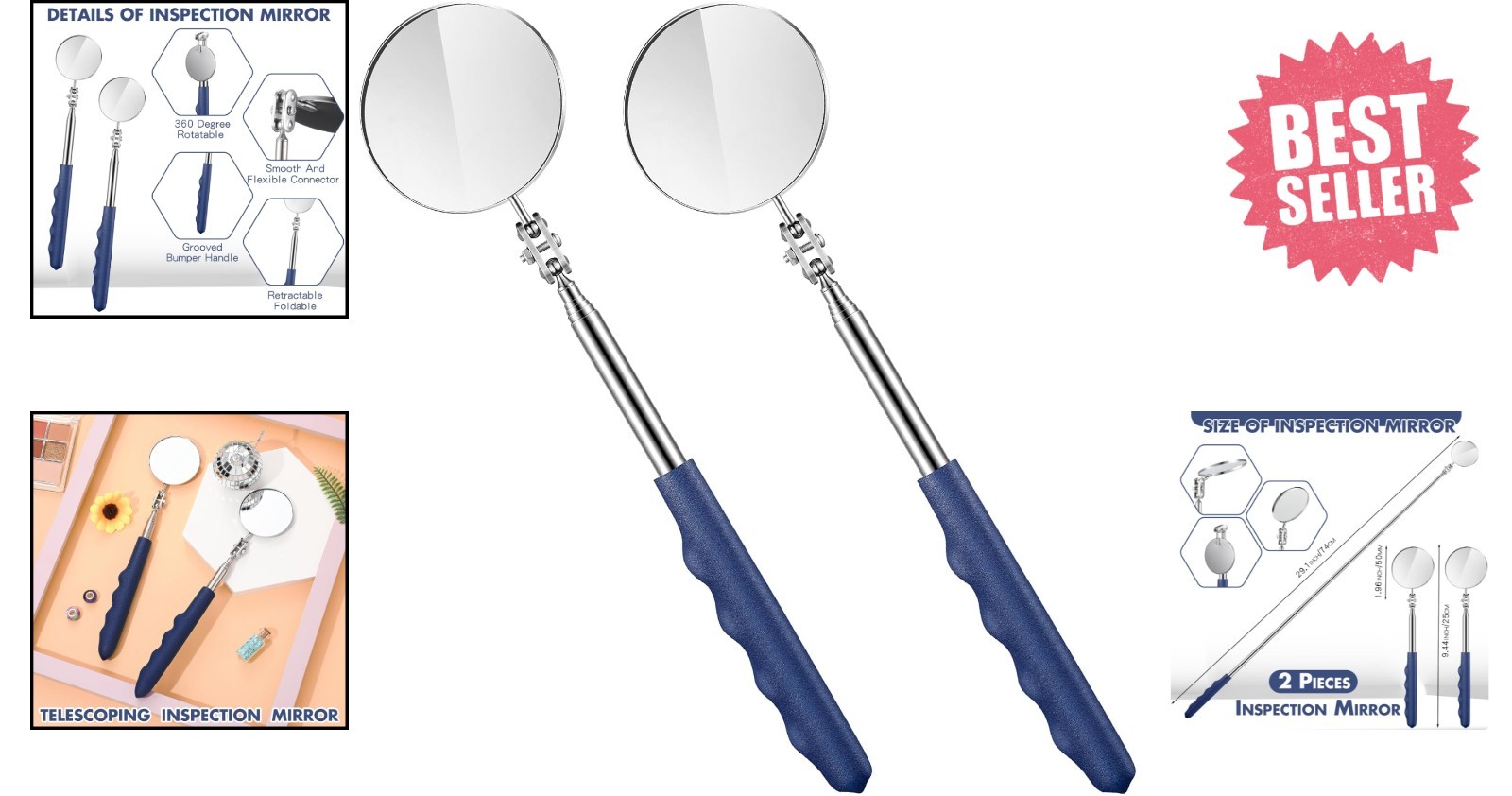 2-Pc Telescoping Inspection Mirrors with Adjustable Length for Mechanics