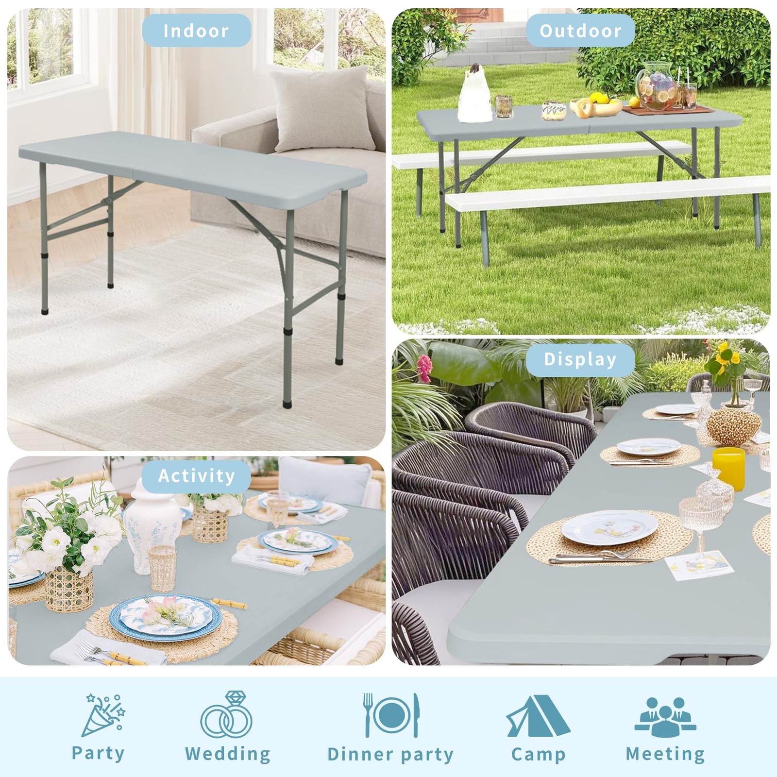 Folding Table 4FT Camping Table Portable Heavy Duty Plastic Rectangular Outdoor