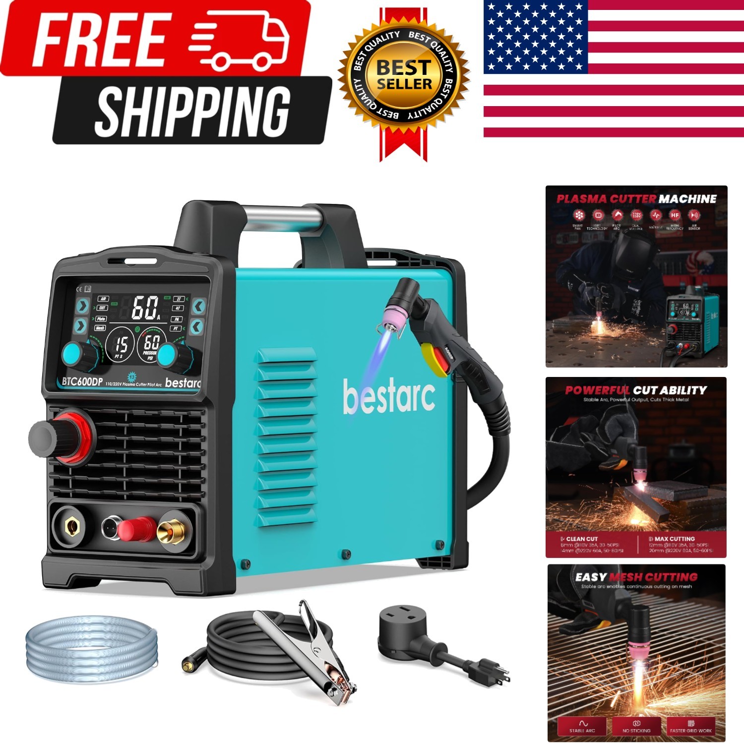 Plasma Cutter, [Pilot Arc][Large LED Display][Air Sensor] 60A Plasma Cutter M...