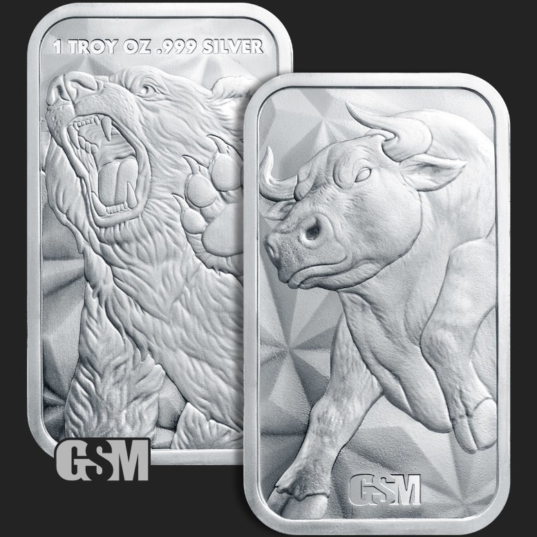 BULL AND BEAR MARKET BAR - BU 1 oz .999 FINE SILVER BAR GSM WALL STREET IN STOCK