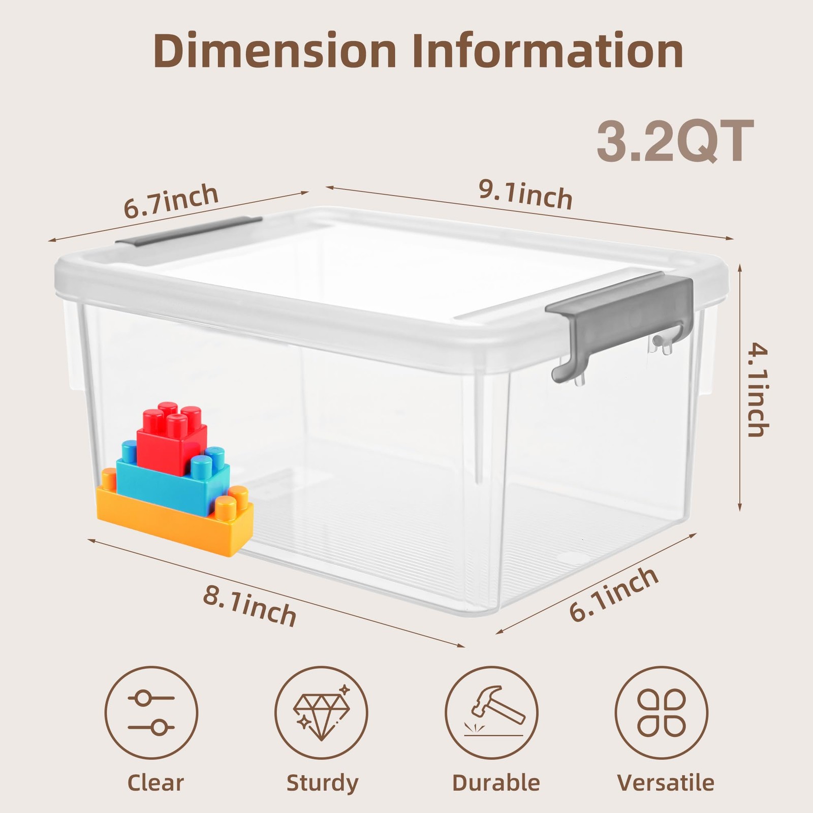 Anywish Clear Plastic Storage Bins with Lids, 3.2 QT, 8 Pack