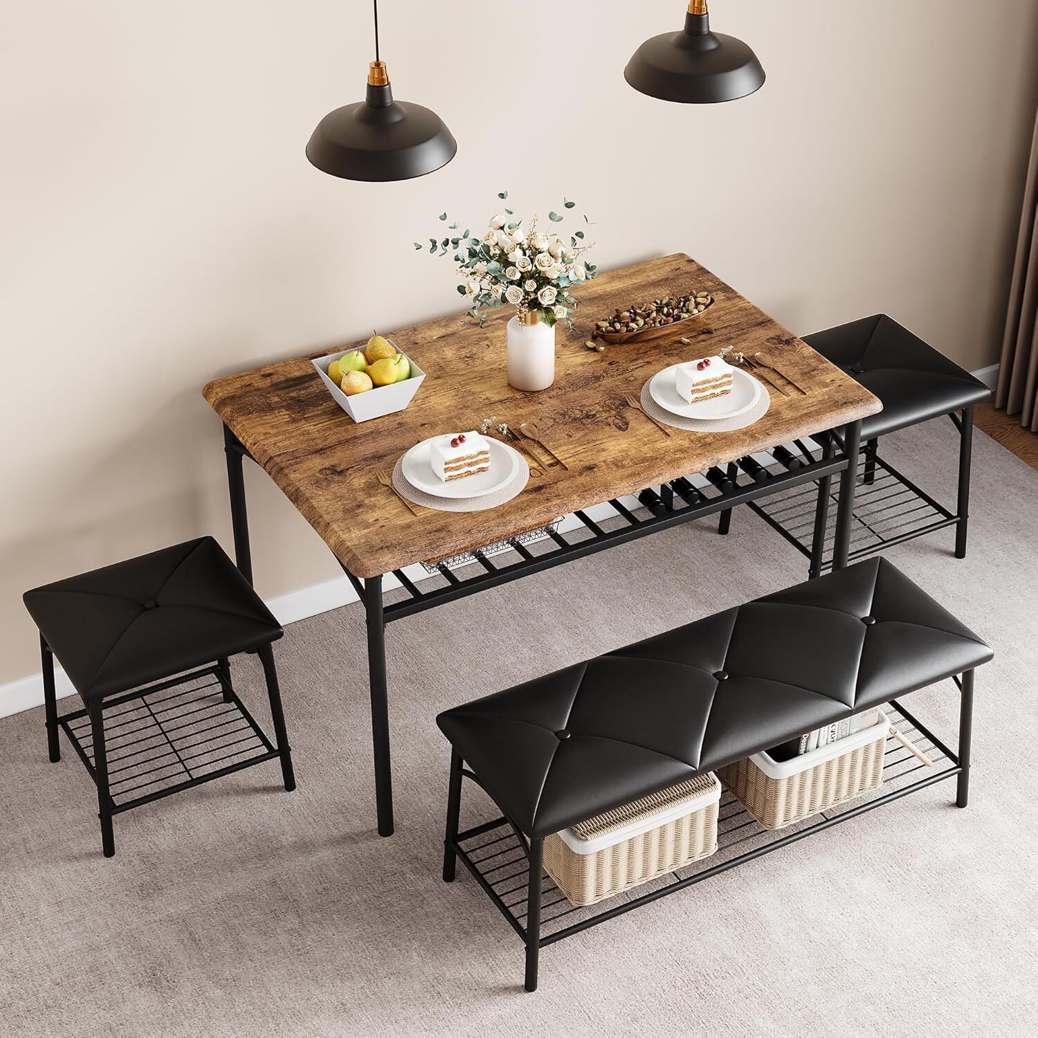 Dining Table Set for 4 with Upholstered Benches and Stools Kitchen Table Storage