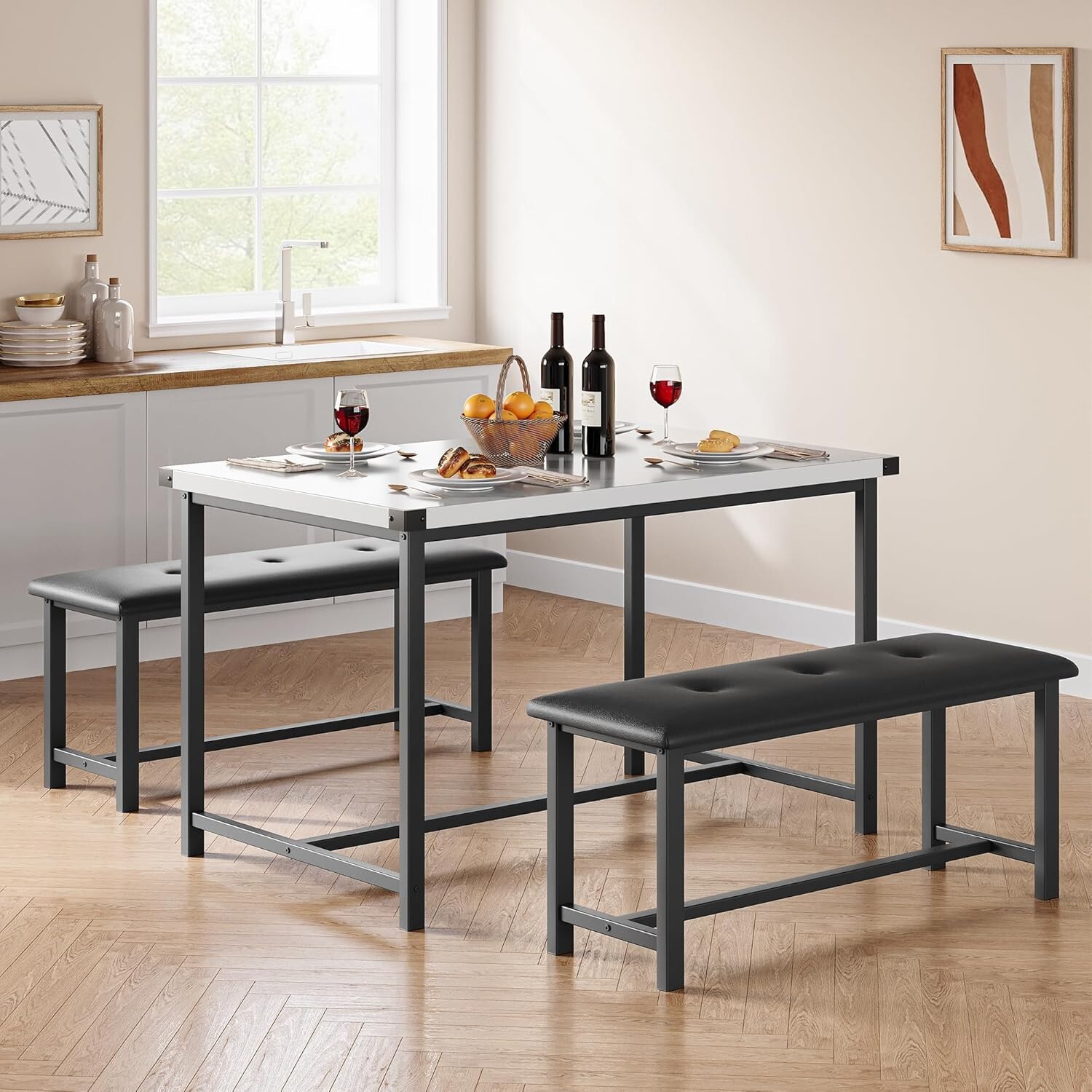 Dining Table Set for 4, Kitchen Table with 2 Upholstered Benches Apartment