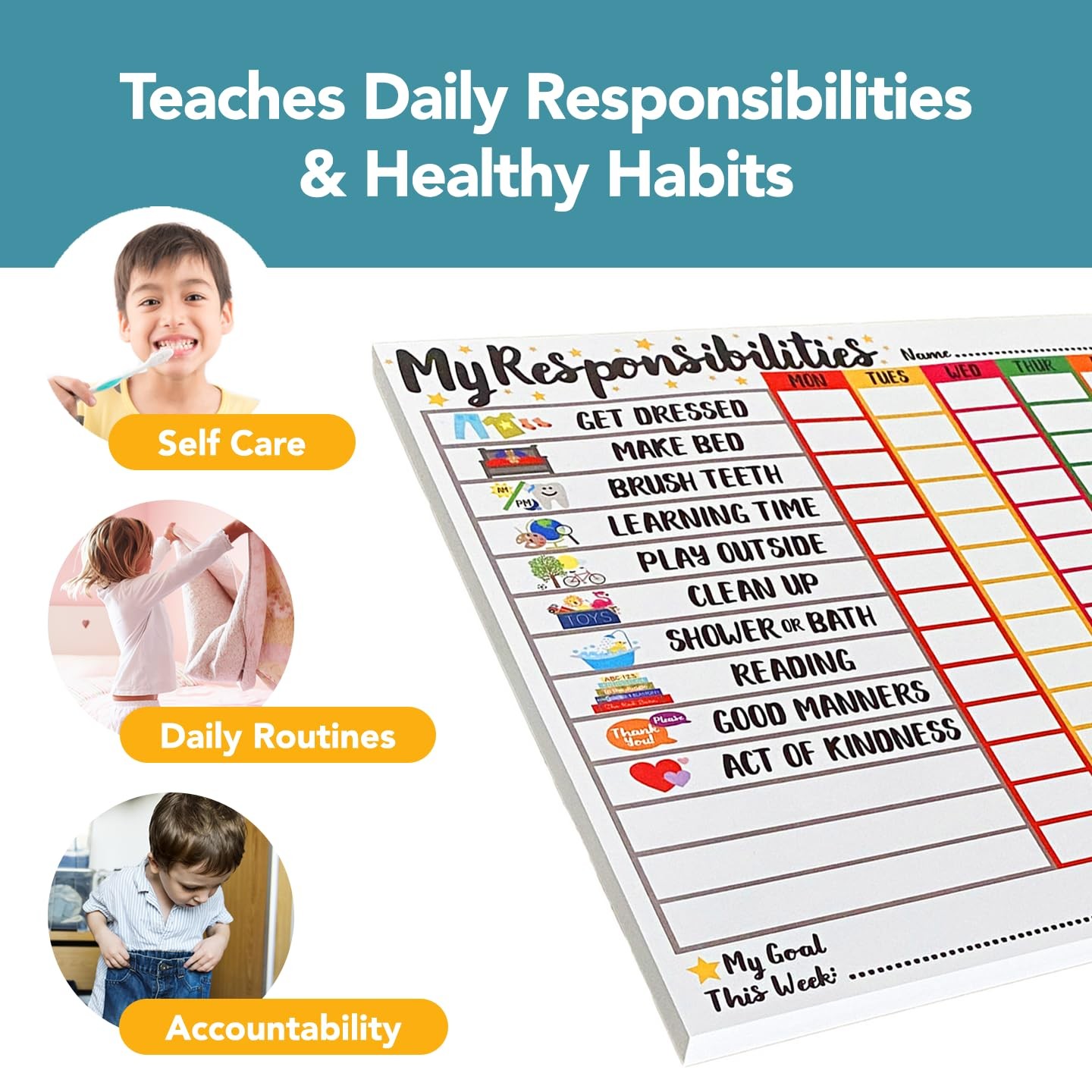 Kids Responsibility Chart Ages 3-6 Weekly Chore Routine Daily Task Checklist