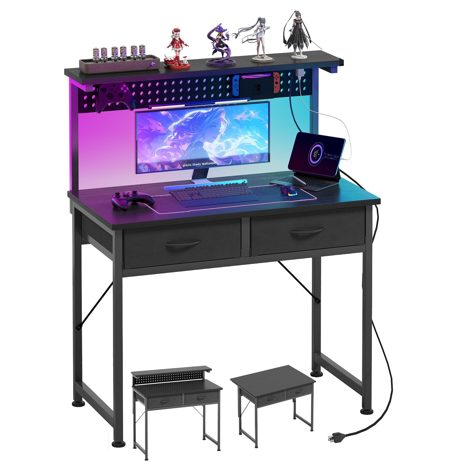 Mutun Small Desk Drawers 31 Inch Computer Desk Power Led Light Gaming Desk