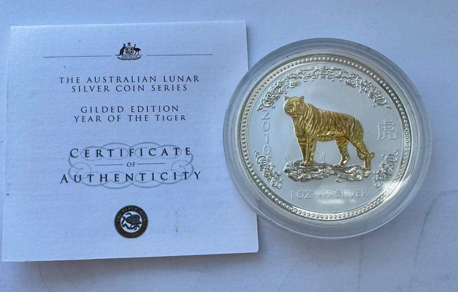 2007 2010 Australia Lunar I Year of the Tiger 1 Oz Gilded Silver Coin $1