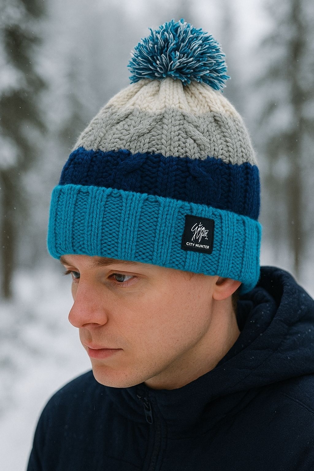 City Hunter Knit Pom Pom Beanie Hat Blue Grey White Winter Ski Snowboard Y2K