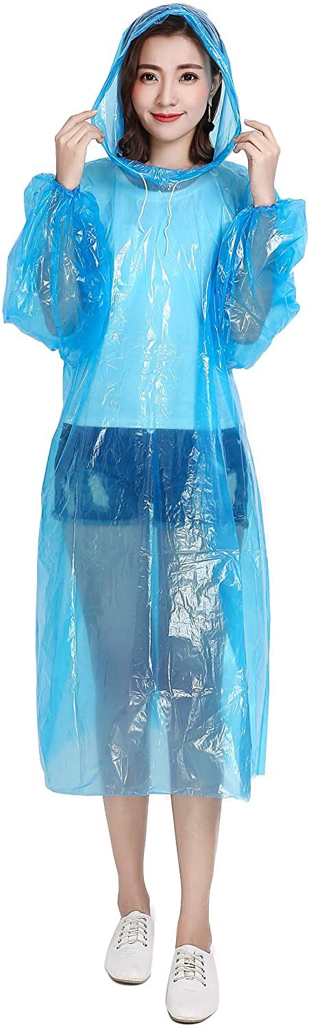 Onedor Disposable Rain Ponchos with Drawstring Hood & Elastic Sleeve 5PK (Blue)