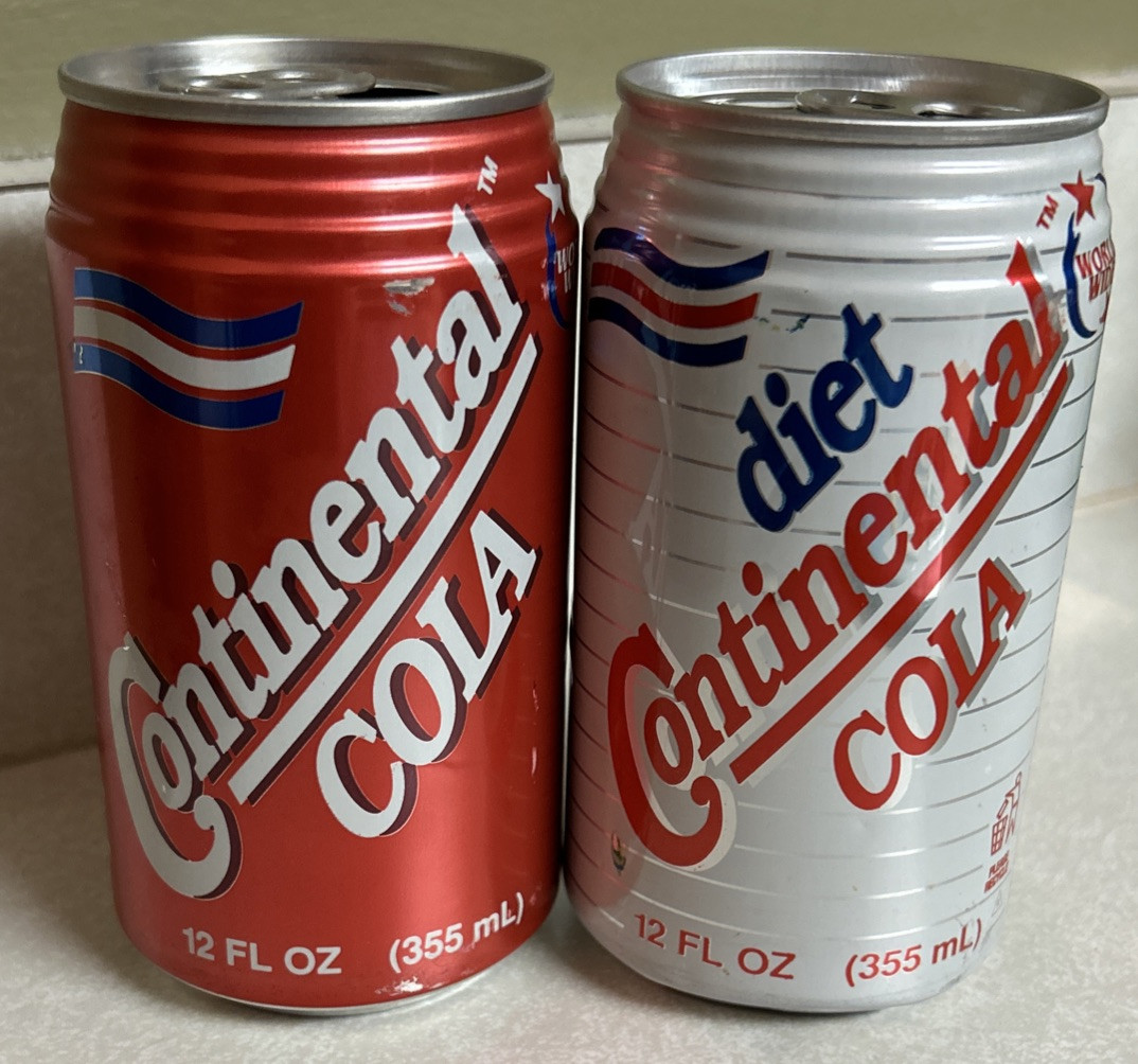 Vintage 1993 CONTINENTAL COLA 12oz. Empty Aluminum Can Lot Of 2, Regular & Diet