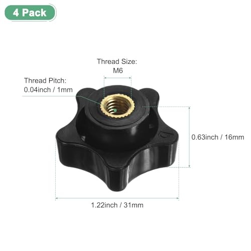 -Pack 5 Star Knobs, M6 Female Thread 31mm Five-Pointed Head Through M6x31mm 4