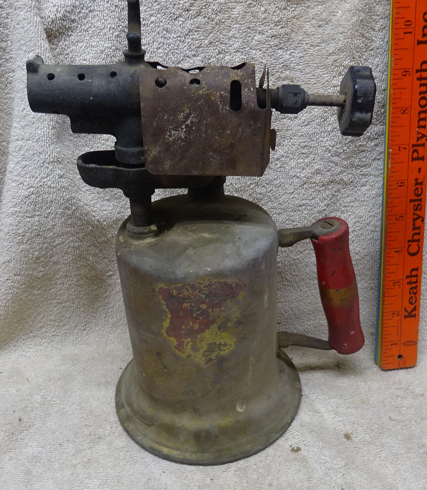 ** Vintage - BRASS BLOW TORCH with RED wooden HANDLE - NEEDS cleaning **