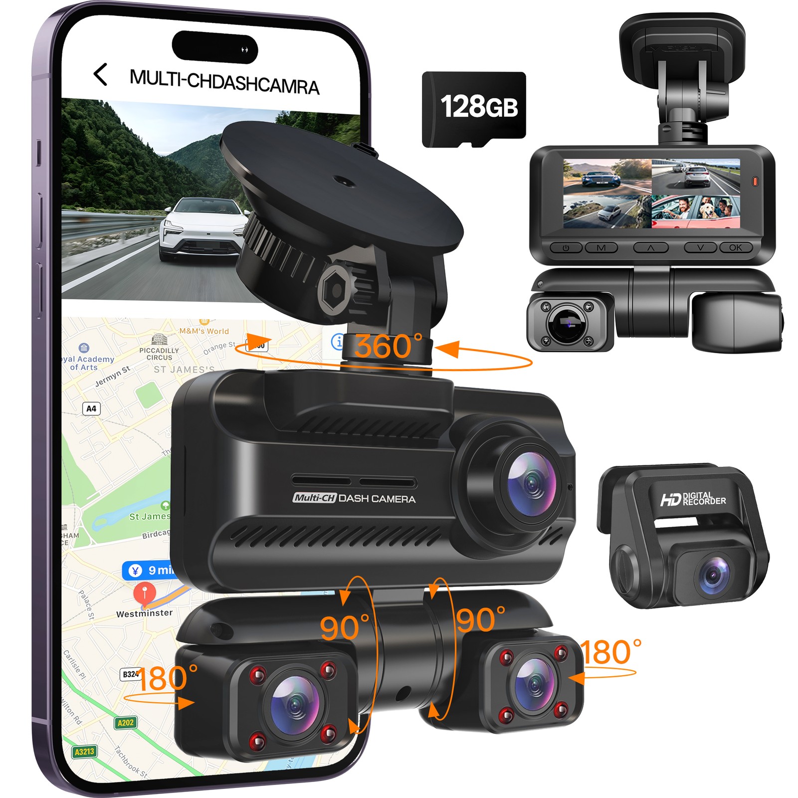 3*1080P 360° GPS and Wi-Fi Dash Cam 4 Channel Recorder 4K Car Camera FHD 128GB