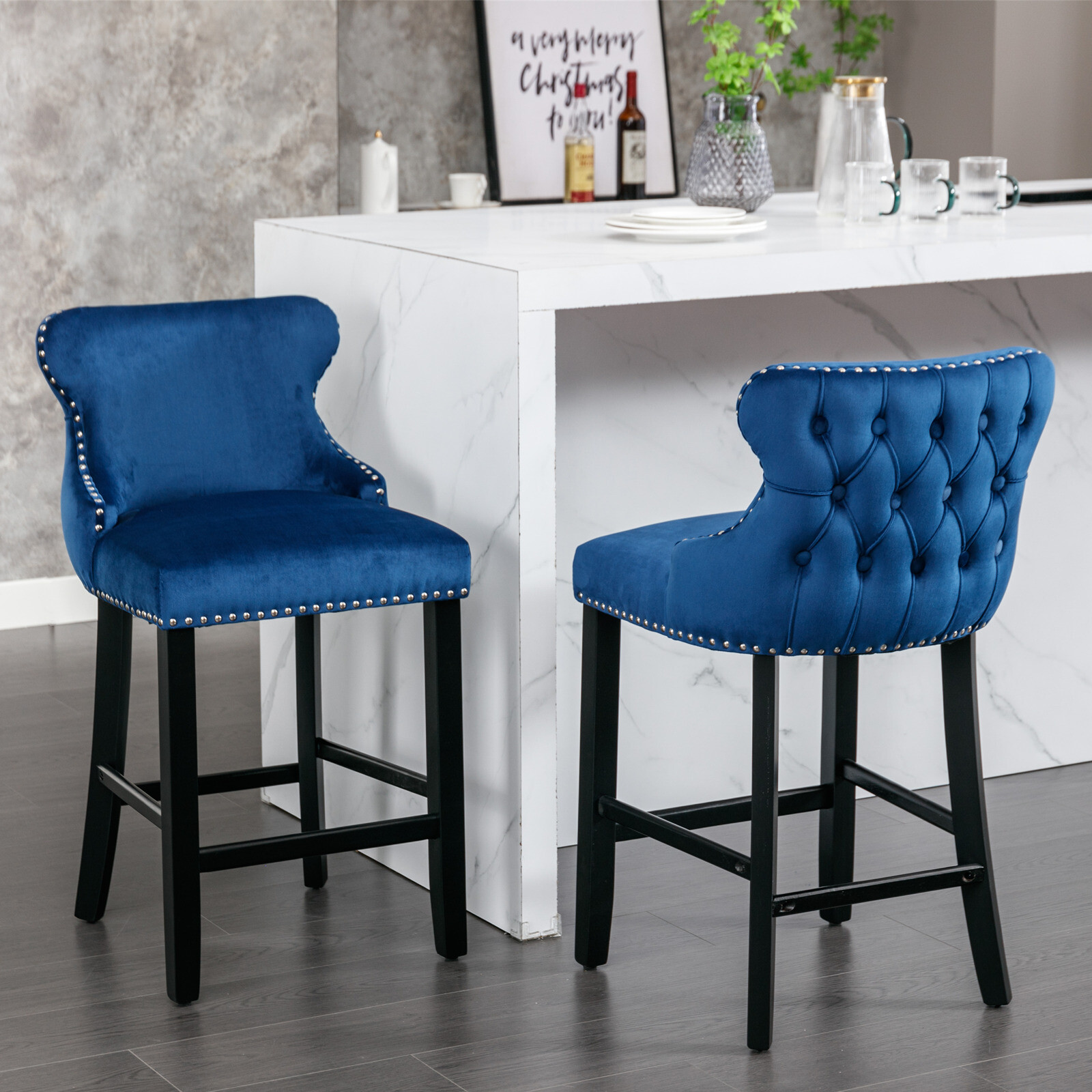 Set of 2 Velvet Upholstered Barstools Wing-Back Button Tufted W/Wooden Legs Blue