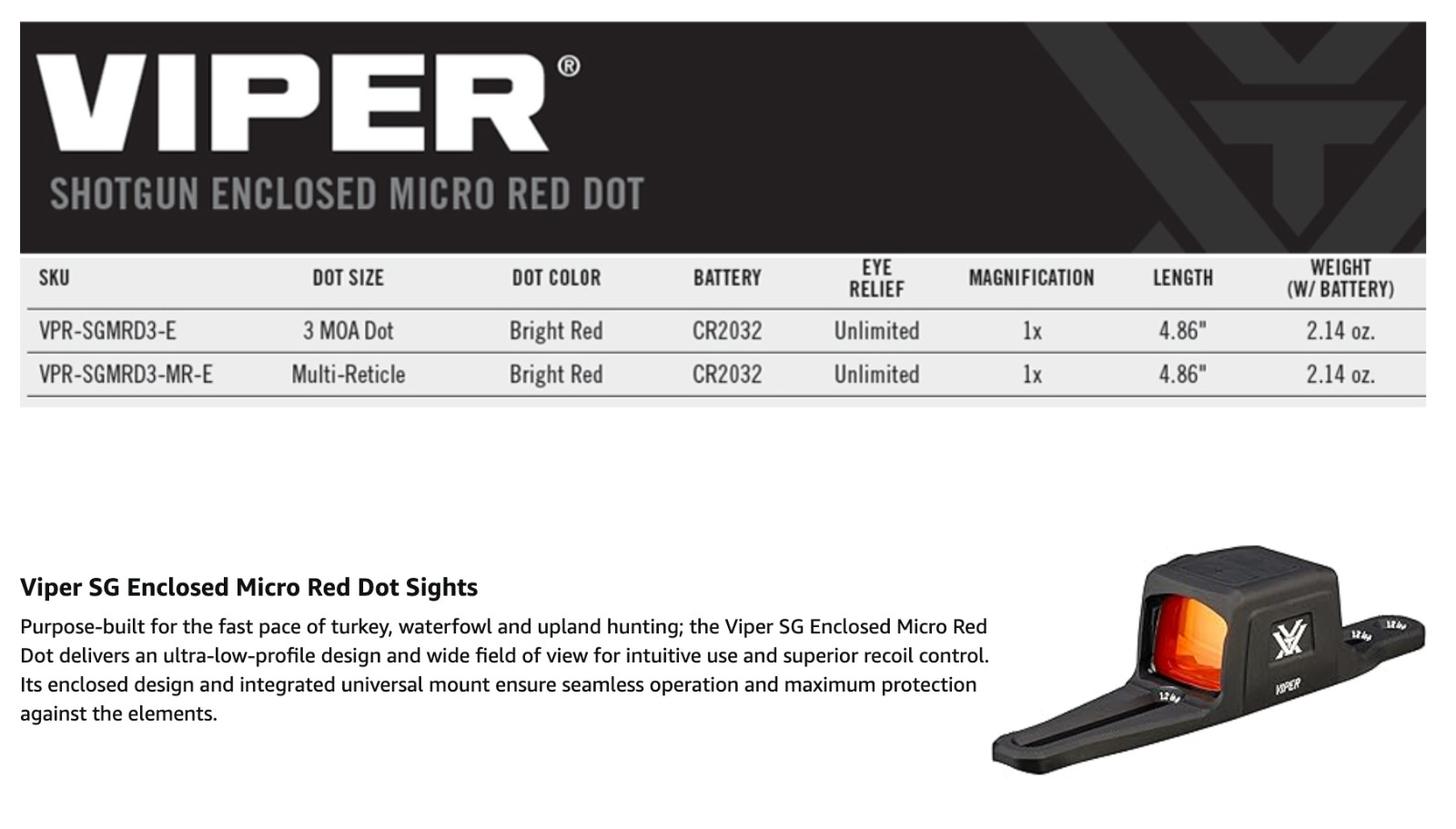 Vortex Optics Viper SG Enclosed Micro Red Dot Sights - 3 MOA Red Dot